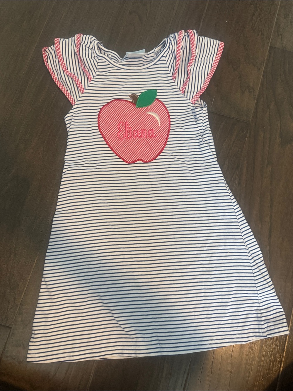“Eliana” Navy & White Striped Kids Dress with Pink Apple Applique